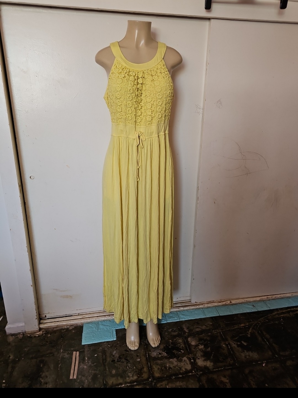 Sunshine Yellow Crochet-Front Maxi Dress